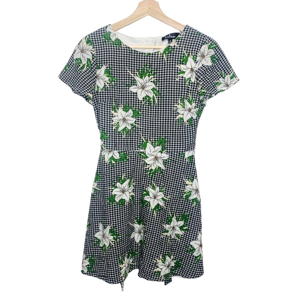 Lulus Checkered Floral White Yellow Flower Mini Dress Cut Out Short Sleeve Small